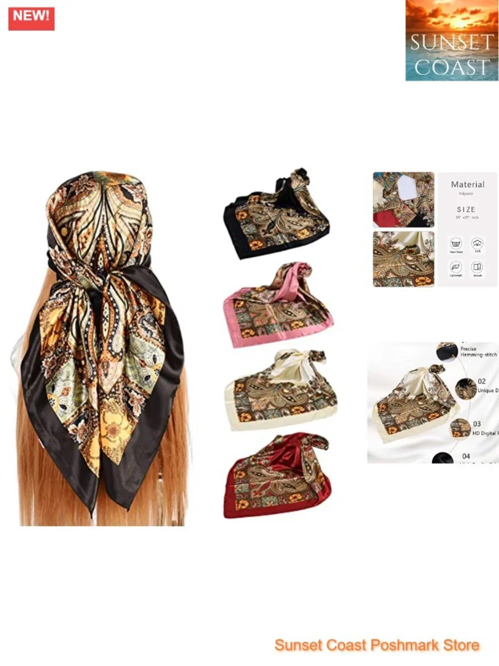 4 Pack Silk Like Head Scarves for Women Large Square Satin Hair Neck Scarf Shawl